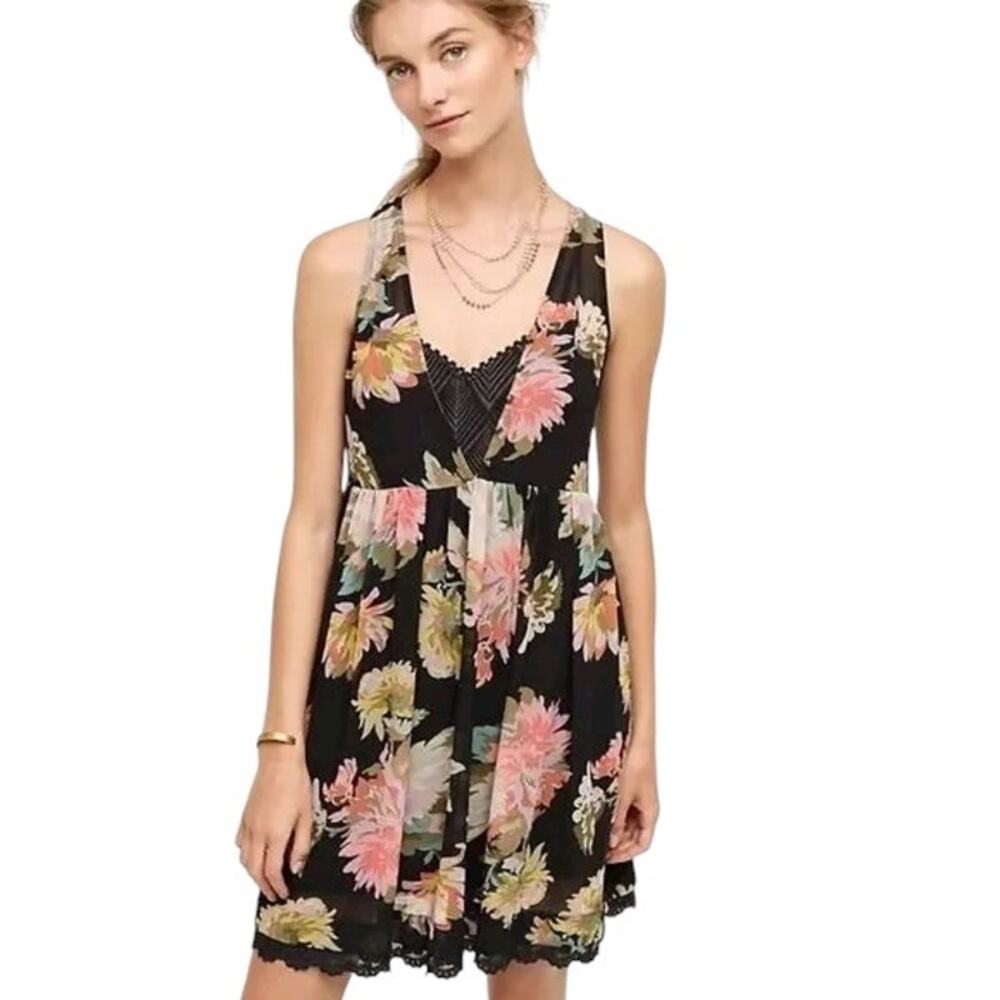 Anthropologie Maeve Violetta Black Floral Print Sleeveless Mini Dress Size XS